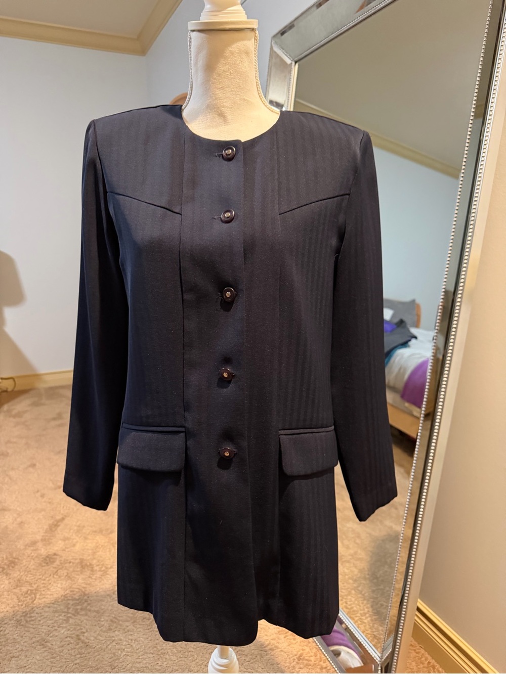 Vintage Women's Studio I Navy Long Button-Front Coat Jacket Size 8